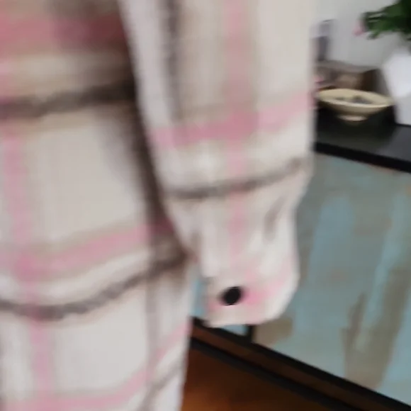 NEW - 7 FOR ALL MANKIND Pink & Cream Plaid Shacket Duster Coat - Picture 7 of 13